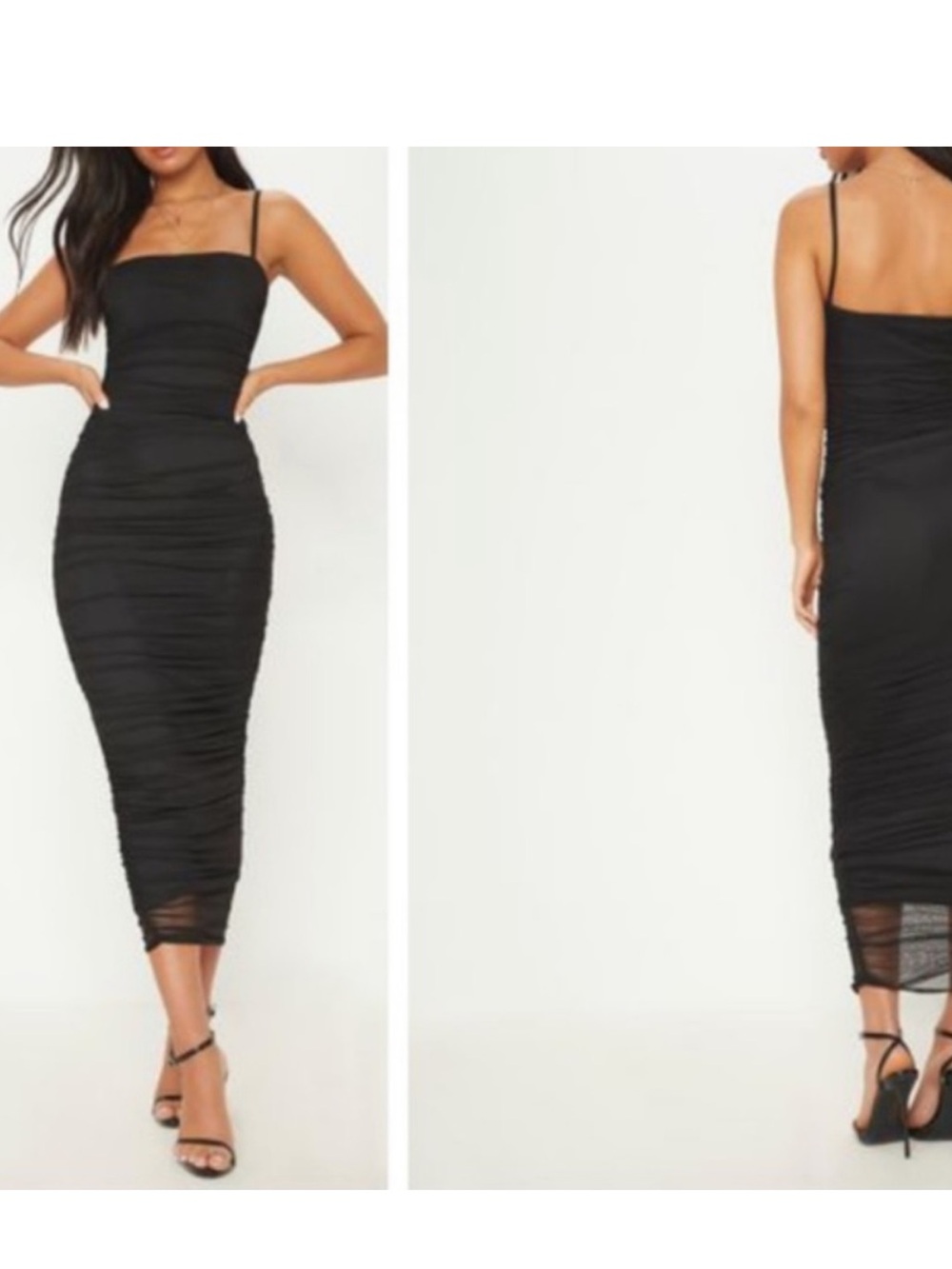PrettyLittleThing Black Ruched Midi Dress with Spaghetti Straps